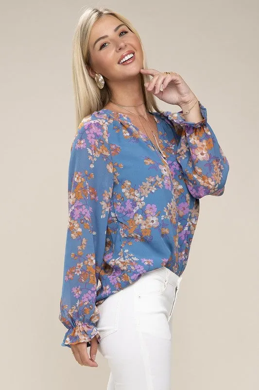 Raglan Sleeve Stand Collar Floral Chiffon Blouse