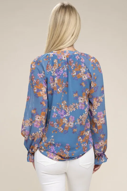 Raglan Sleeve Stand Collar Floral Chiffon Blouse