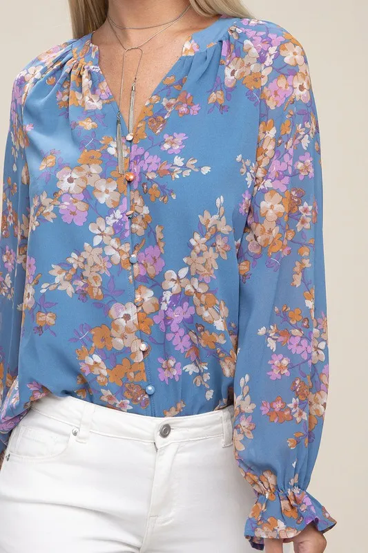 Raglan Sleeve Stand Collar Floral Chiffon Blouse