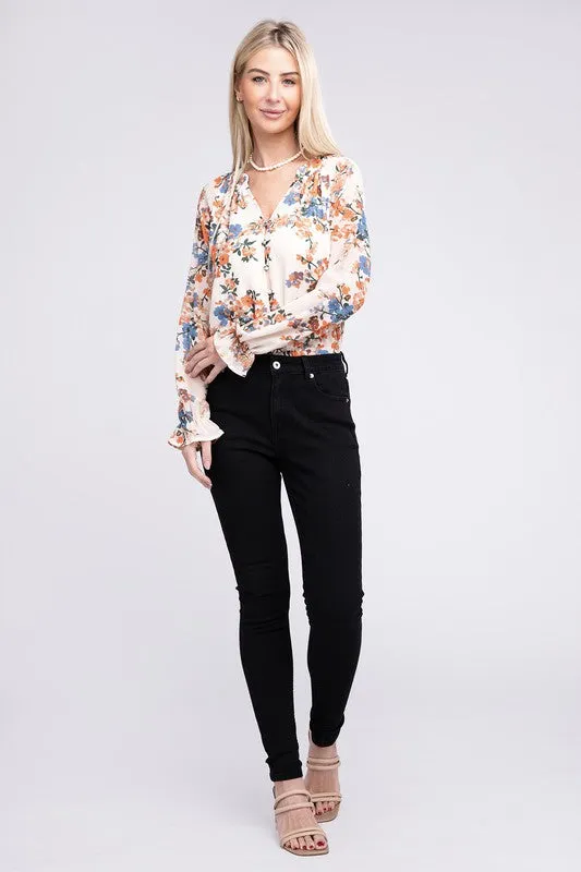 Raglan Sleeve Stand Collar Floral Chiffon Blouse