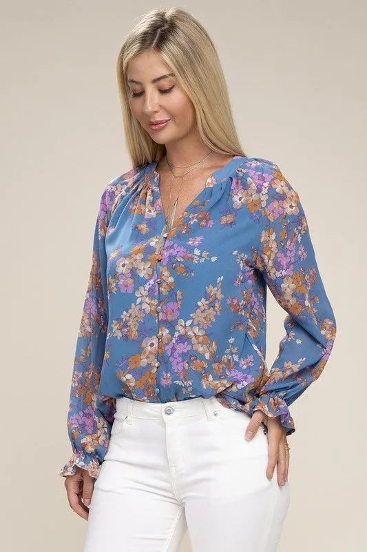 Raglan Sleeve Stand Collar Floral Chiffon Blouse