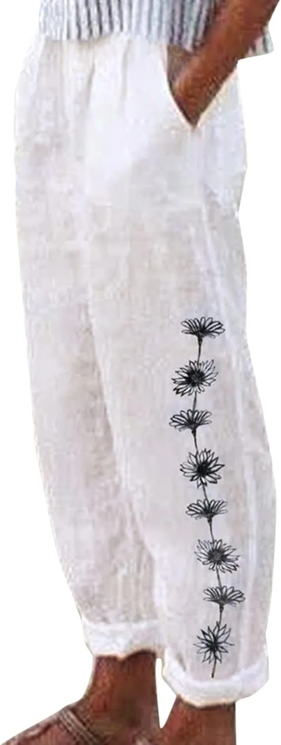 Rvidbe Womens Capri Pants for Summer, Lounge Pants Women Ribbed, Summer Pants Women Linen Women Beach Casual Loose Capri Elastic Waist Summer Trousers Cropped Wide Leg Pants