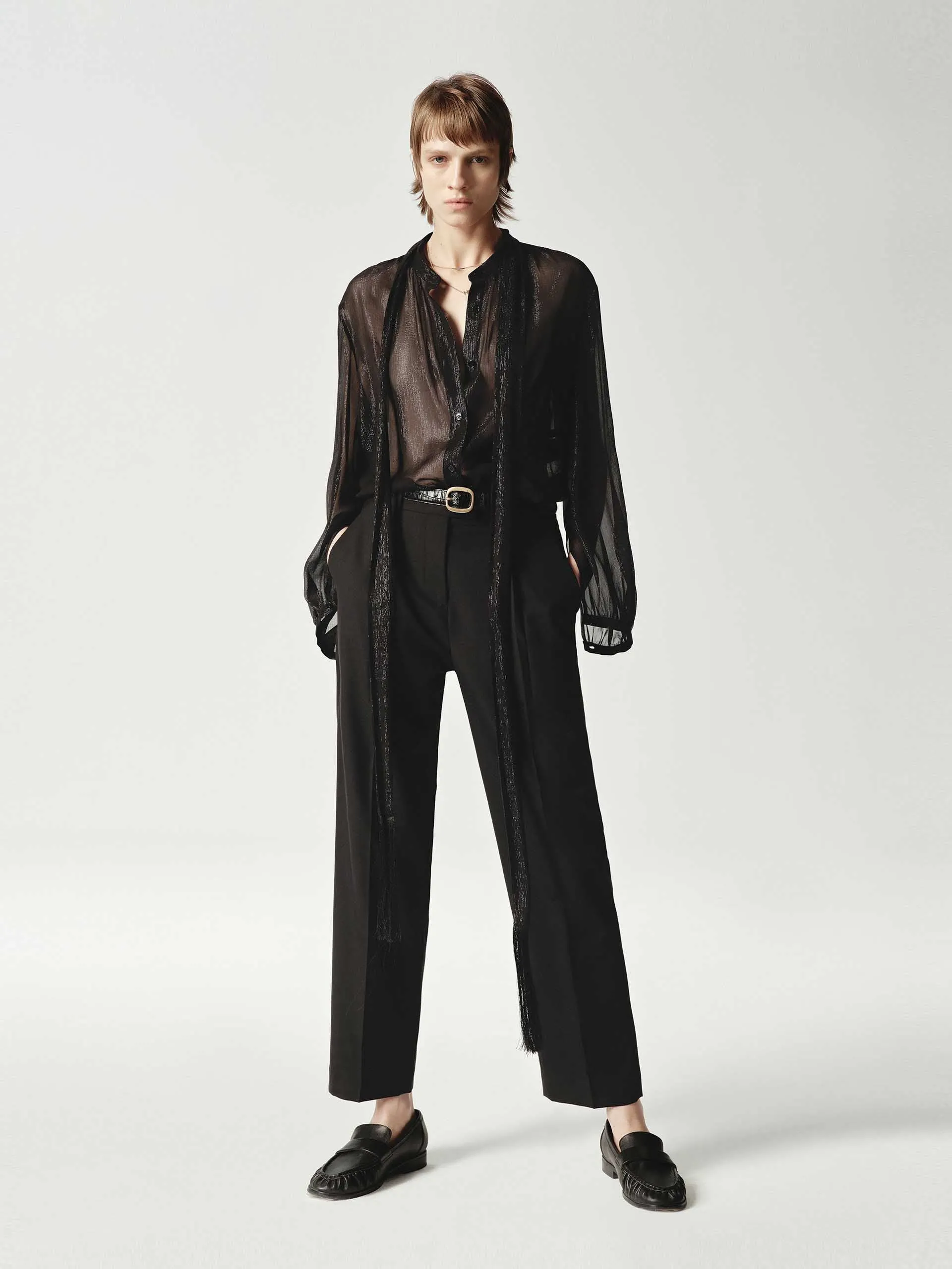 Silk Blend Sheer Tie Blouse