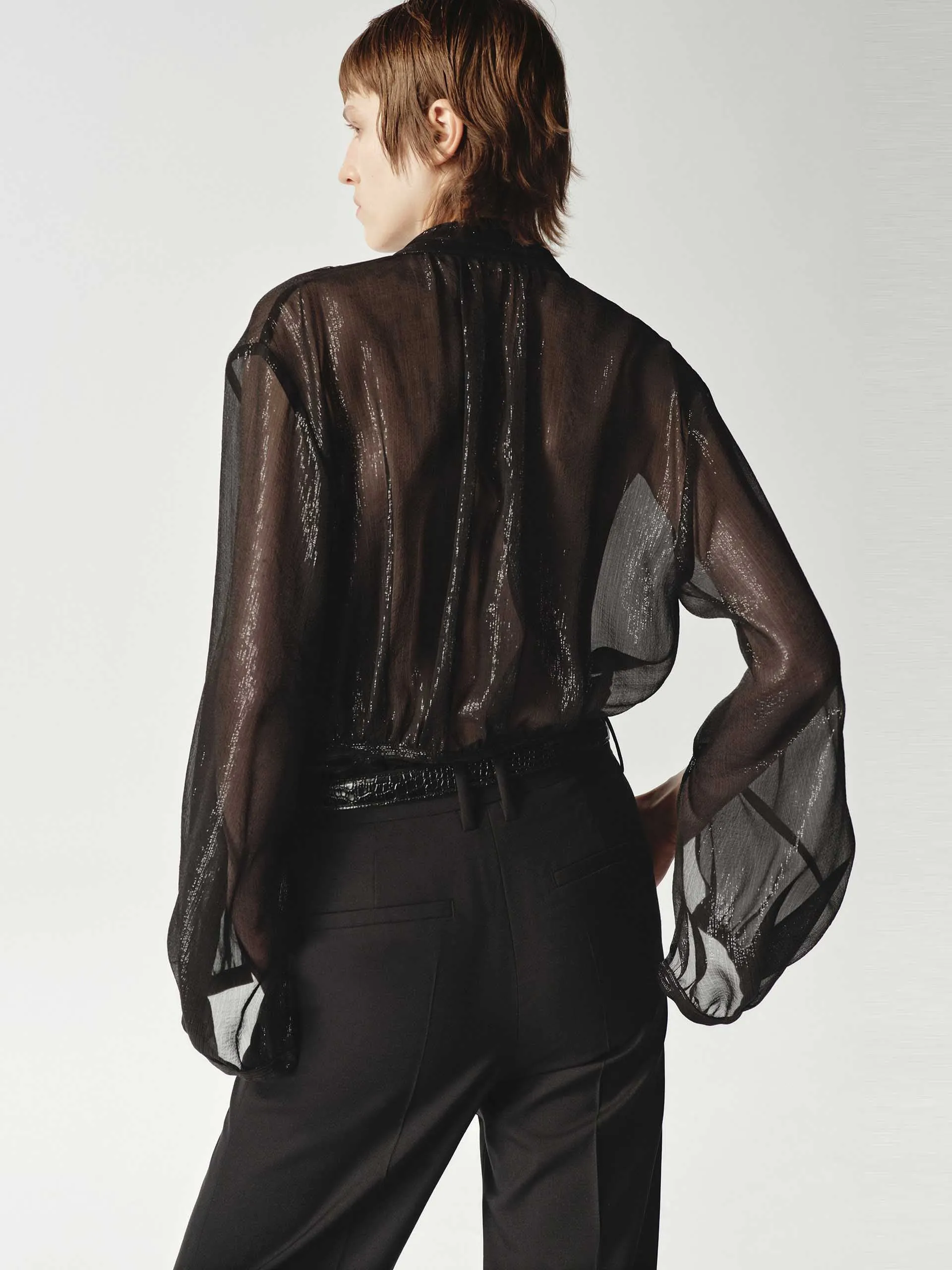 Silk Blend Sheer Tie Blouse