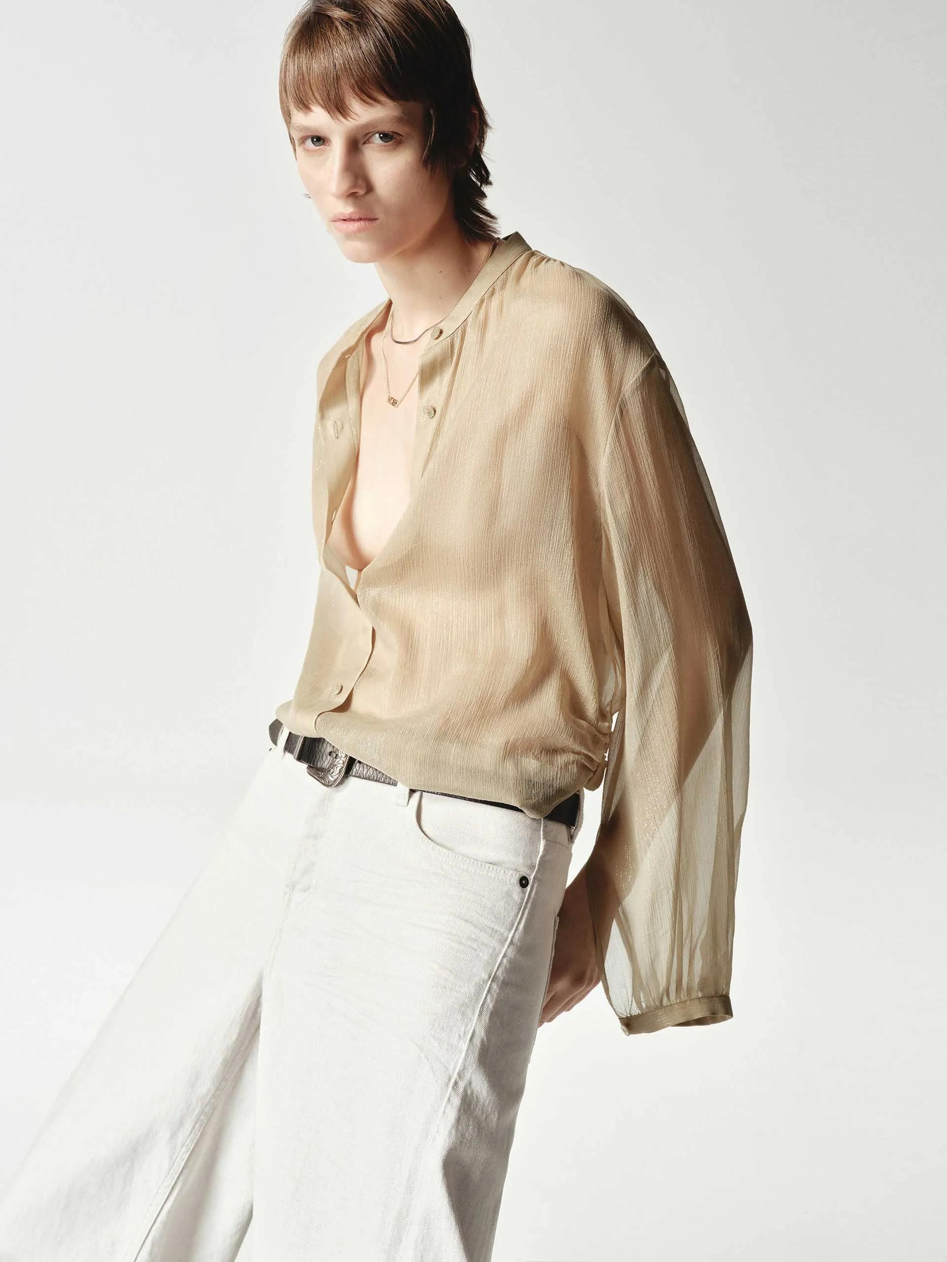 Silk Blend Sheer Tie Blouse