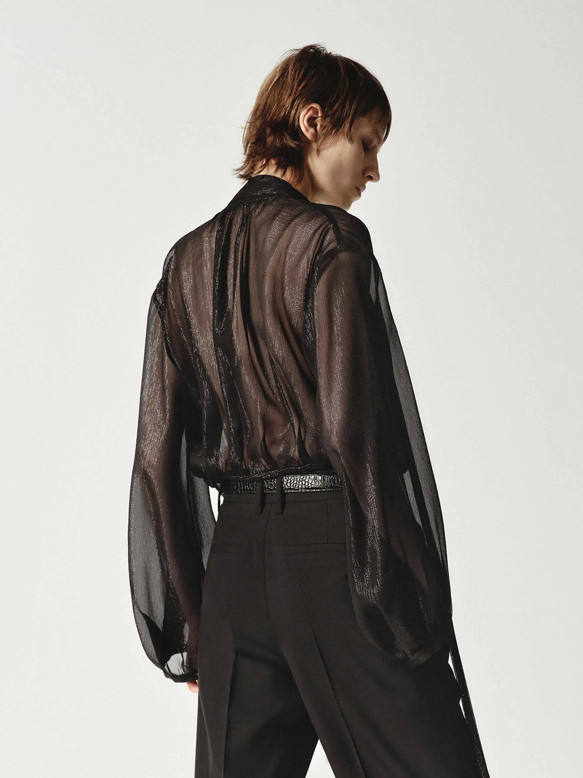 Silk Blend Sheer Tie Blouse