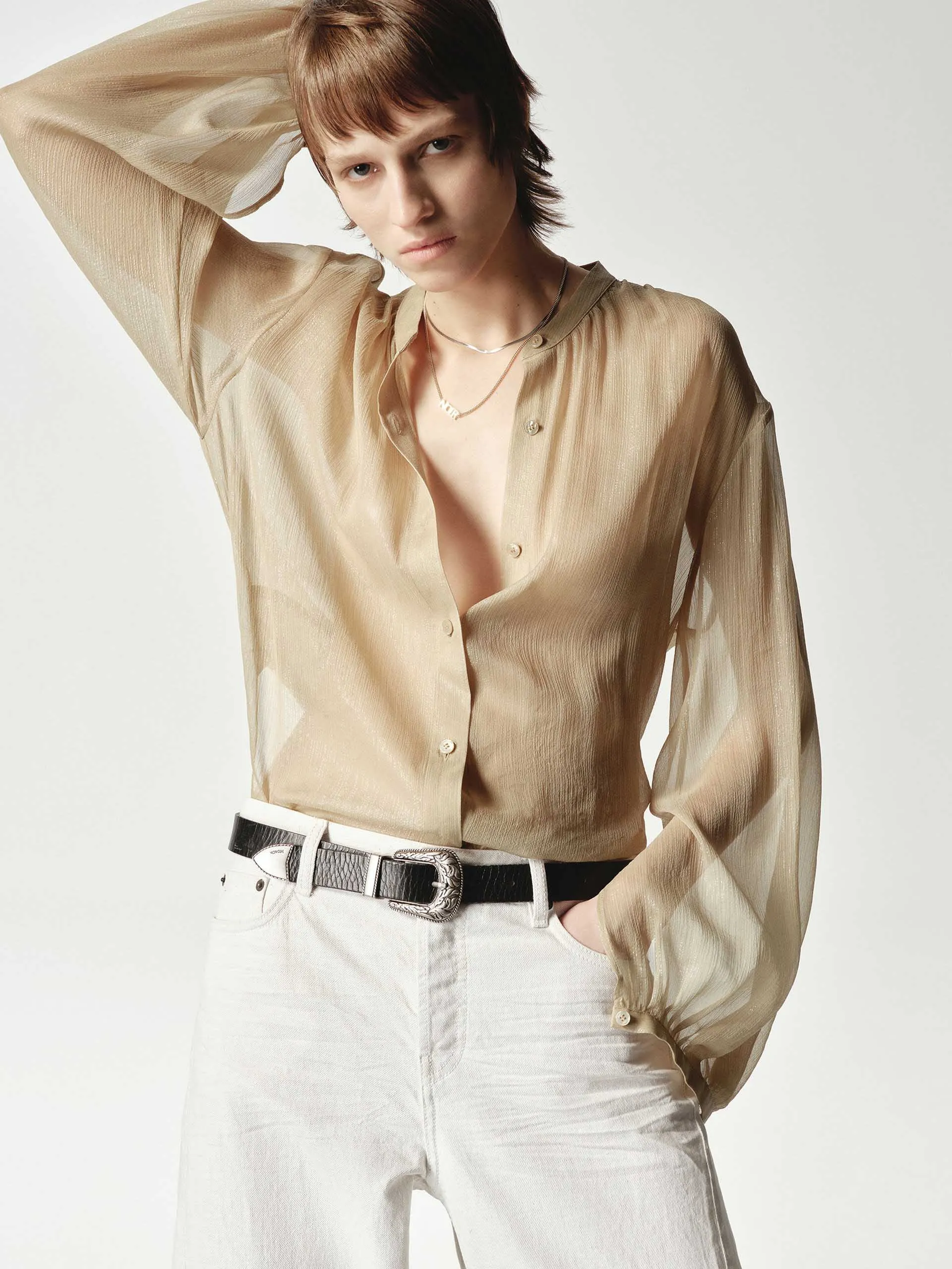 Silk Blend Sheer Tie Blouse