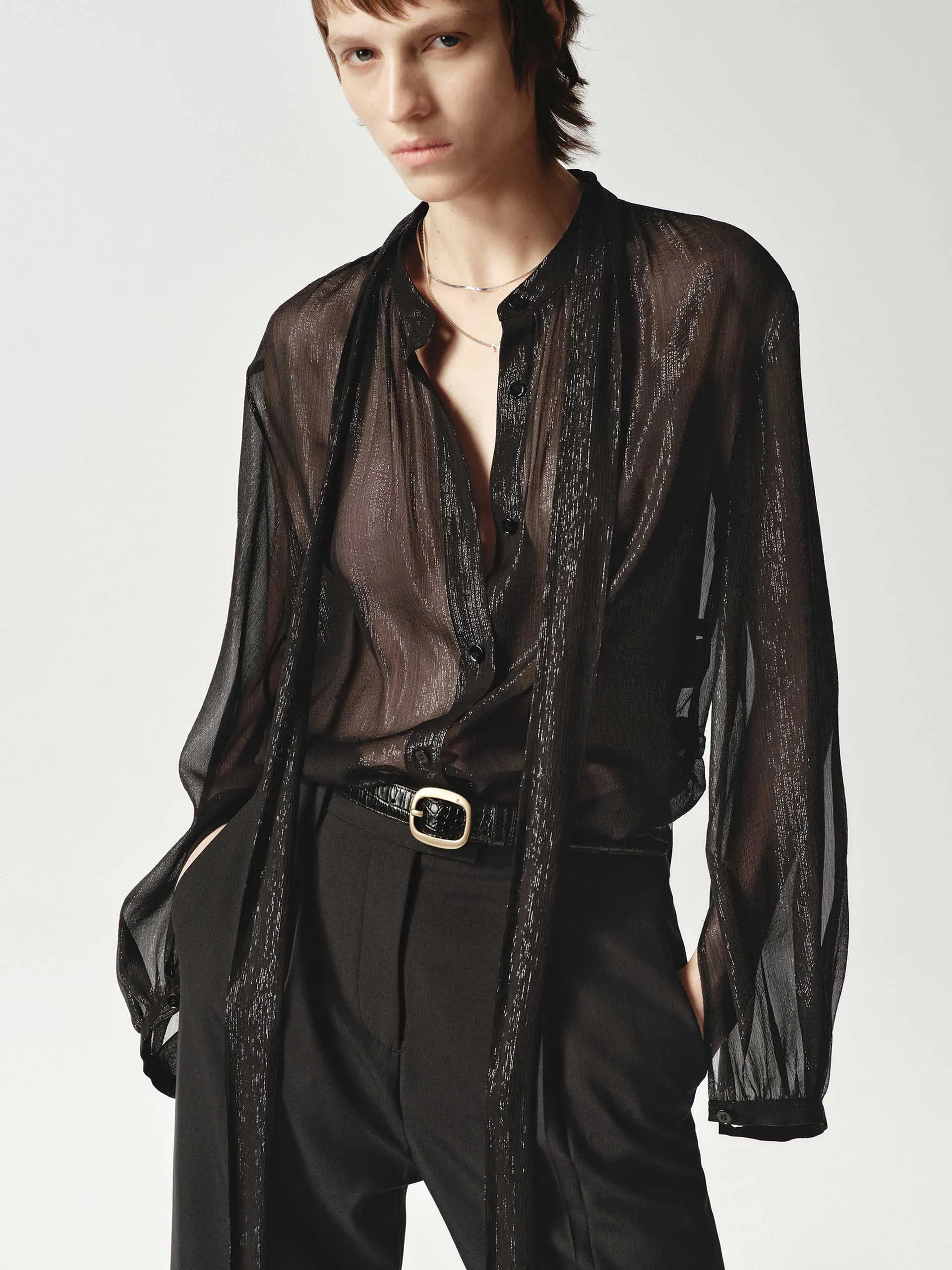 Silk Blend Sheer Tie Blouse