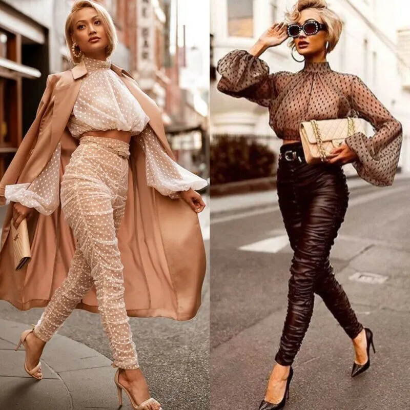Spring Autumn Fashion Long Lantern Sleeve Turtleneck Polka Dotted See Through Transparent Office Lady Elegant Chiffon Blouse