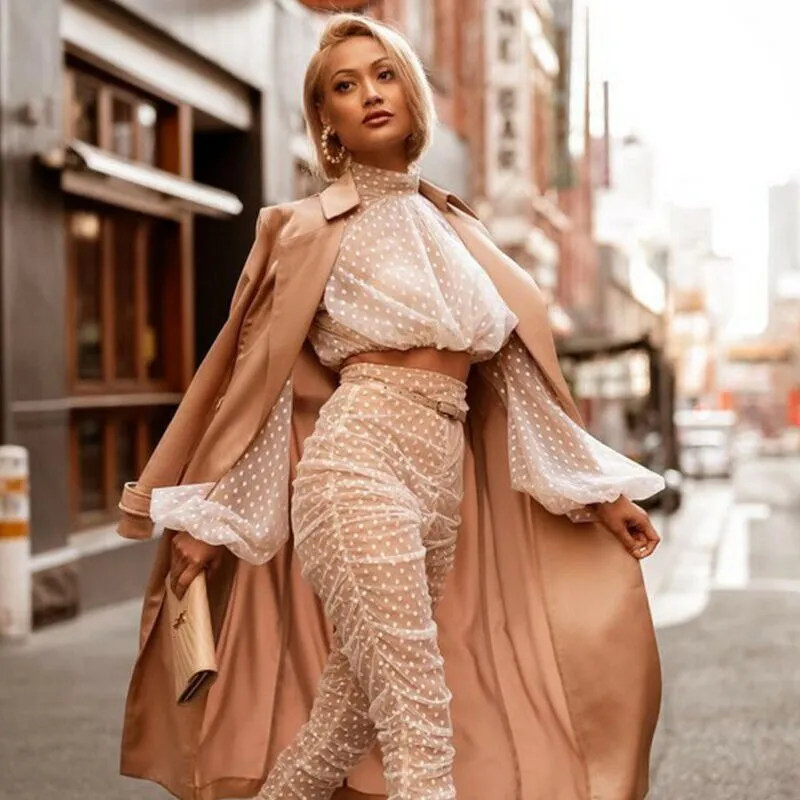 Spring Autumn Fashion Long Lantern Sleeve Turtleneck Polka Dotted See Through Transparent Office Lady Elegant Chiffon Blouse