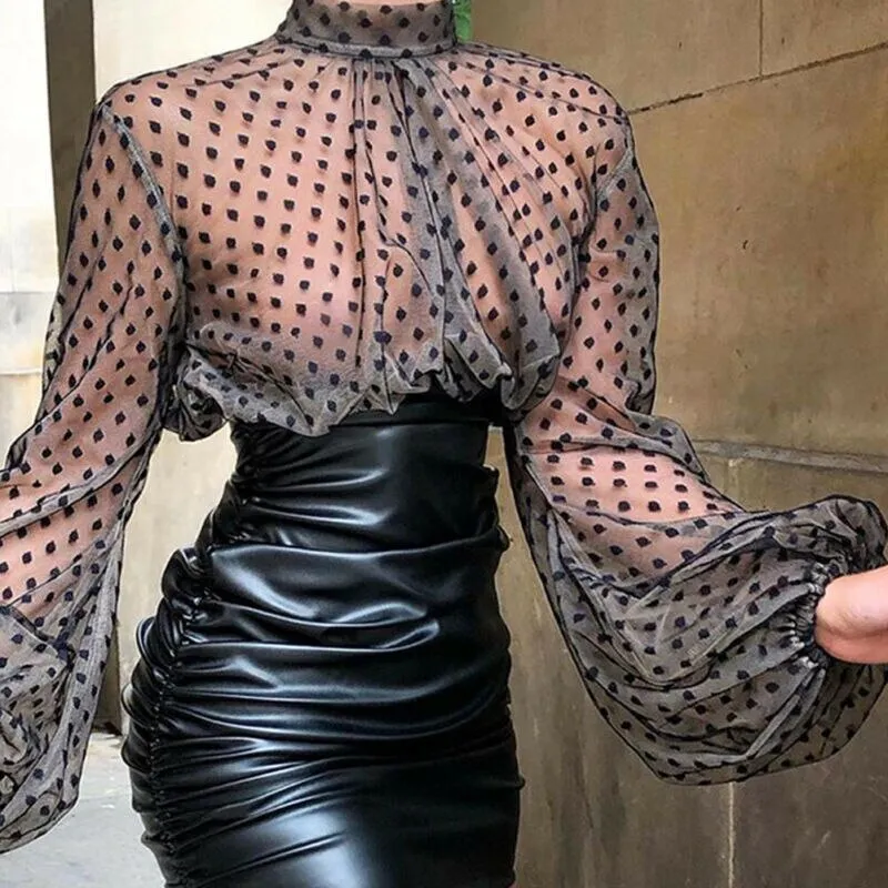 Spring Autumn Fashion Long Lantern Sleeve Turtleneck Polka Dotted See Through Transparent Office Lady Elegant Chiffon Blouse