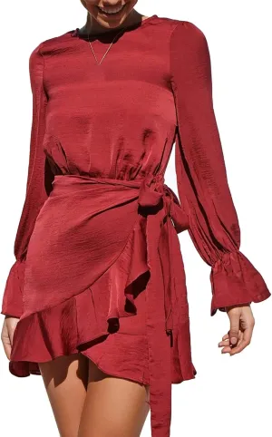 Women's Sexy Round Neck Ruffle Long Sleeve Tie Waist Wrap Dresses Party Dress Casual A Line Swing Mini Wrap Dress