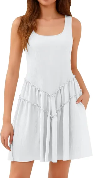 Womens Summer Mini Dress Casual Sleeveless Crewneck Knitted Crochet Hem Flowy Sundress Ruffle Tiered Tank Dresses