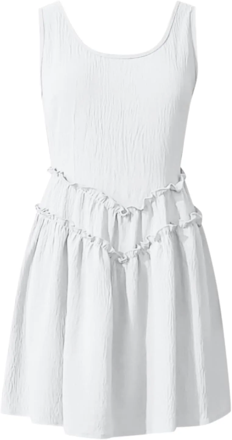 Womens Summer Mini Dress Casual Sleeveless Crewneck Knitted Crochet Hem Flowy Sundress Ruffle Tiered Tank Dresses