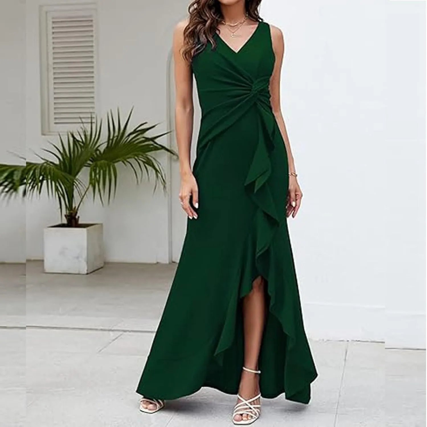 Women's Wrap V Neck Long Formal Dress Sleeveless Ruched Bodycon Split Elegant Wedding Guest Maxi Dresses Semi Formal Dresses