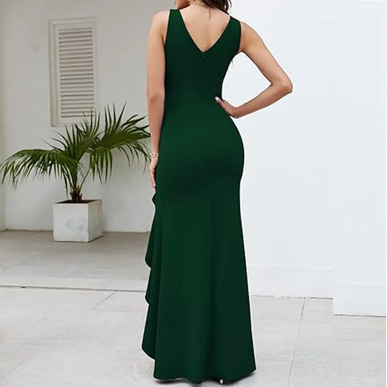 Women's Wrap V Neck Long Formal Dress Sleeveless Ruched Bodycon Split Elegant Wedding Guest Maxi Dresses Semi Formal Dresses