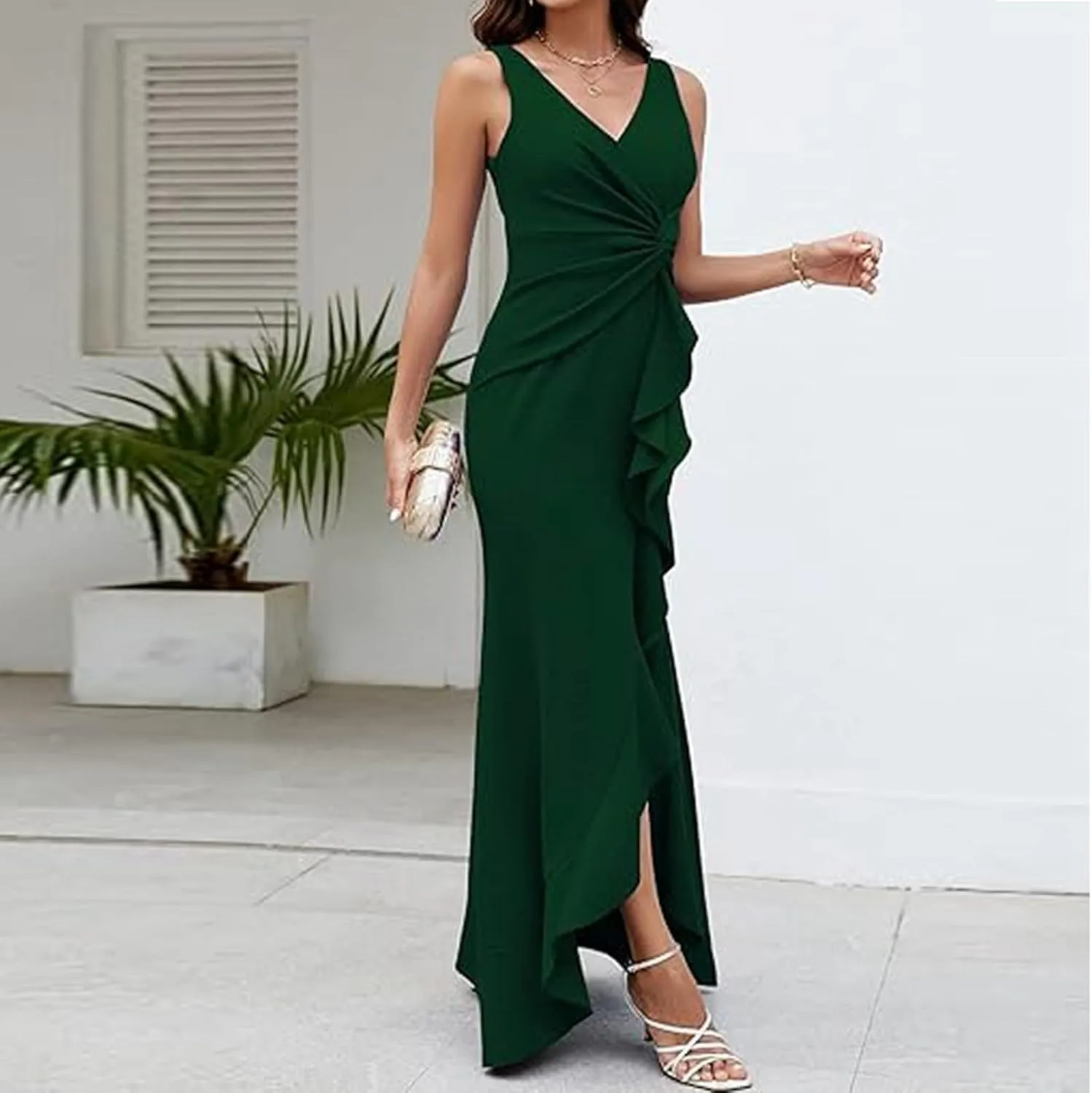 Women's Wrap V Neck Long Formal Dress Sleeveless Ruched Bodycon Split Elegant Wedding Guest Maxi Dresses Semi Formal Dresses