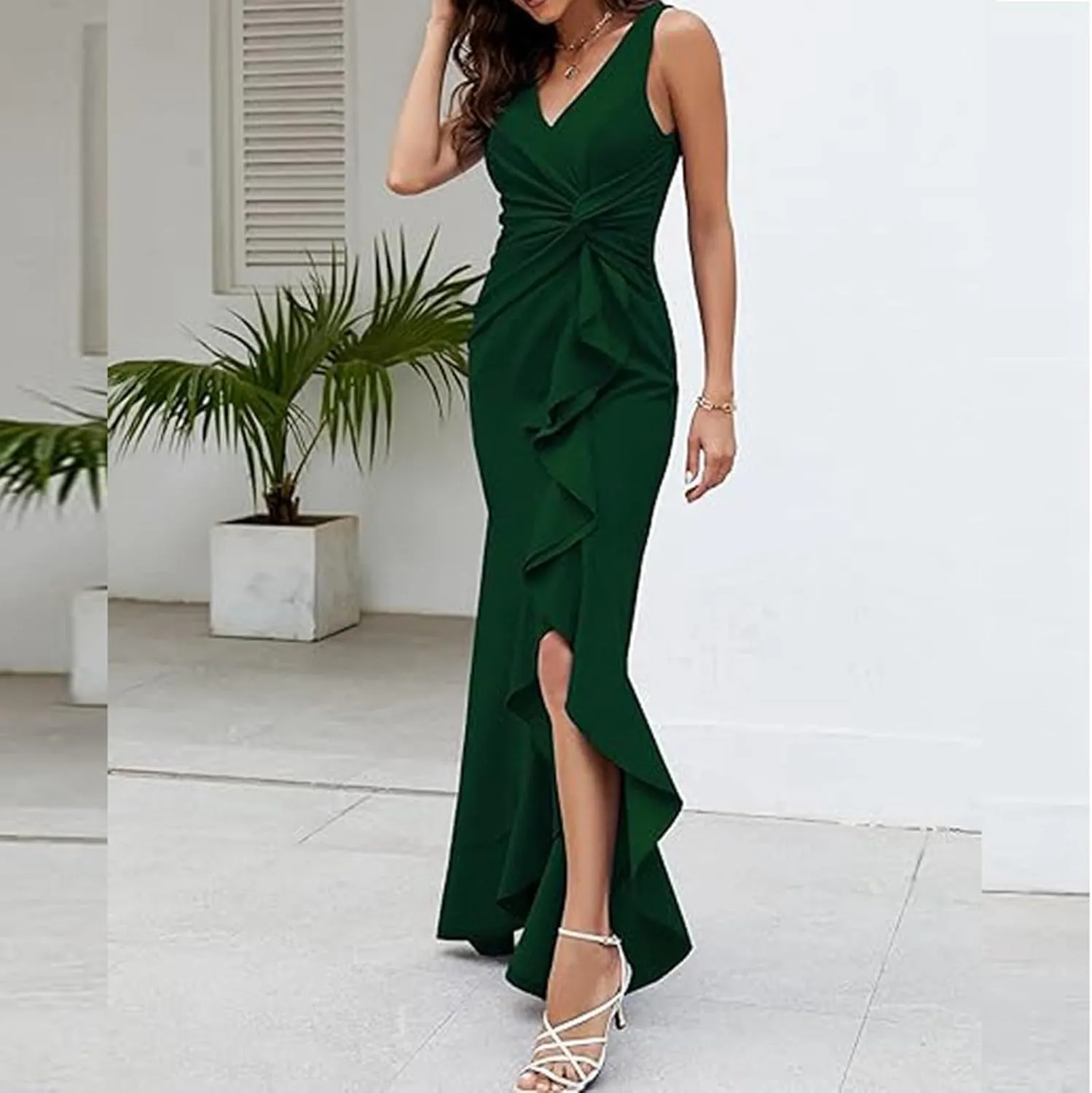 Women's Wrap V Neck Long Formal Dress Sleeveless Ruched Bodycon Split Elegant Wedding Guest Maxi Dresses Semi Formal Dresses